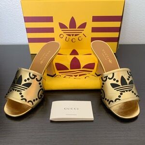 WOMEN'S GUCCI X ADIDAS NAPPA LEATHER MULE, HEEL, SANDAL, SLIDE SIZE 7 US/ 37 IT